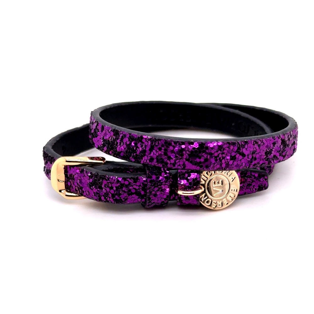 Victoria Emerson Purple Glitter Double Wrap Leather Bracelet Gold Buckle 16.25"
